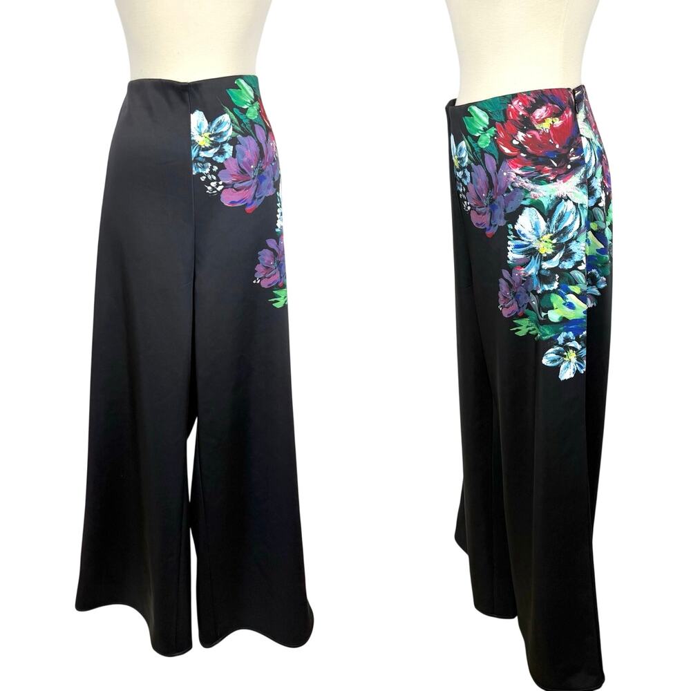 Anthropologie Wide-Leg Satin Pants Trousers in Black Floral XL NWT